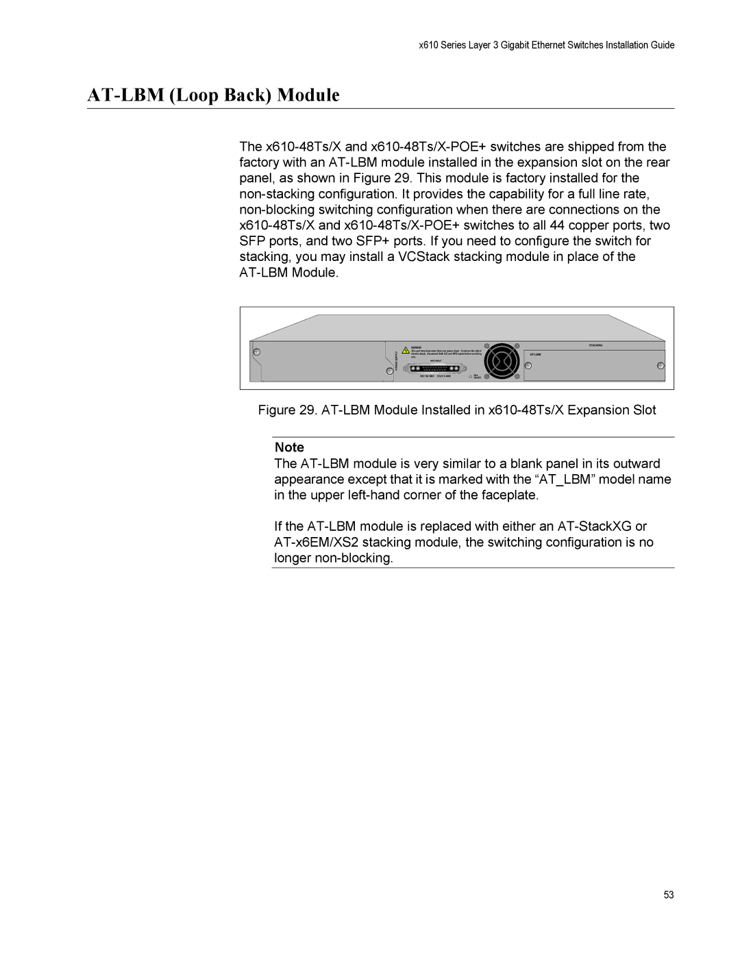 Allied Telesis X610-48TS/X-POE+, X610-48TS-POE+, X610-24TS-POE+, X610-24SPS/X manual AT-LBM Loop Back Module, Power Supply 