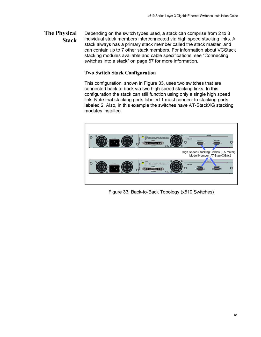 Allied Telesis X610-48TS-POE+, X610-48TS/X, X610-24TS-POE+, X610-24SPS/X Physical Stack, Two Switch Stack Configuration 