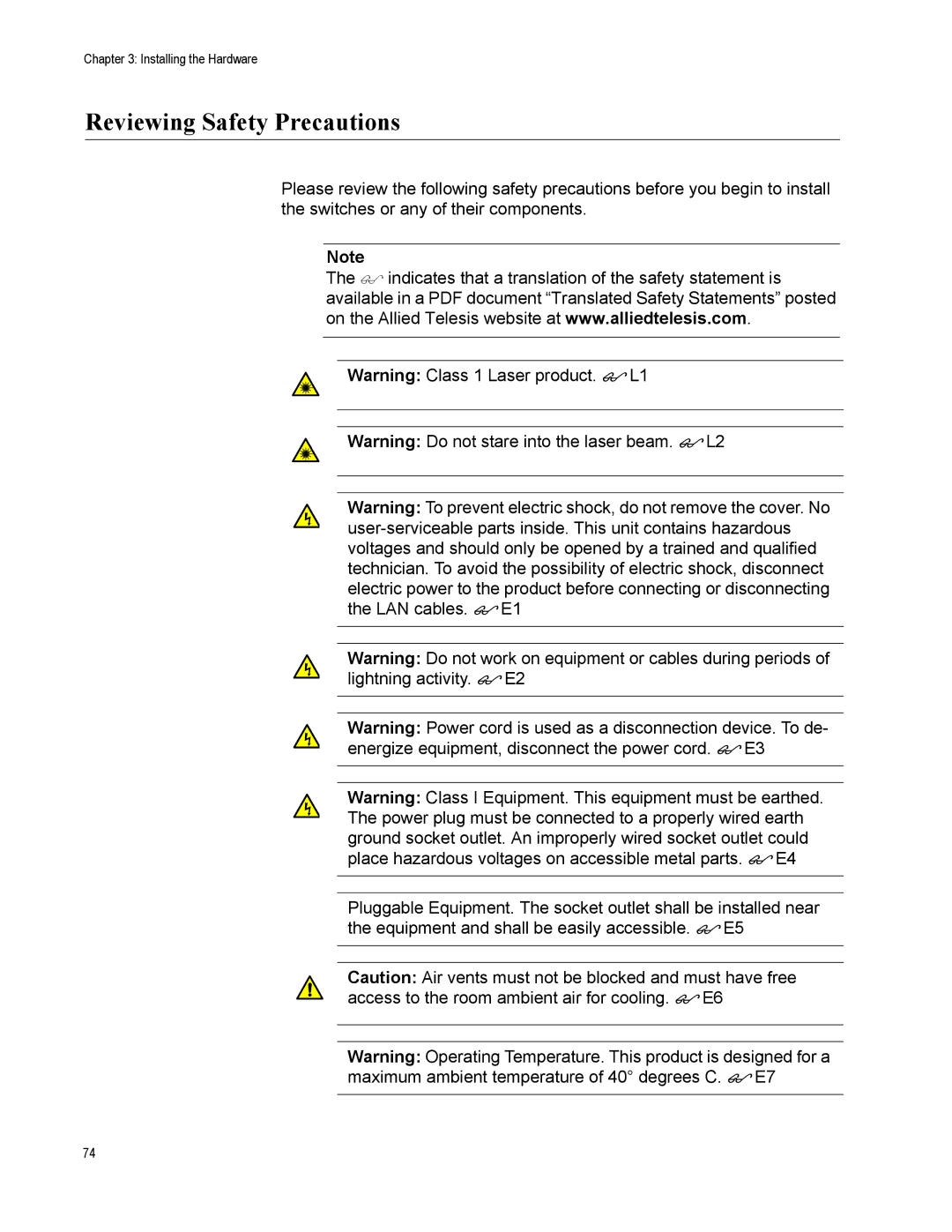 Allied Telesis X610-24TS-POE+, X610-48TS-POE+, X610-48TS/X, X610-24SPS/X, X610-24TS/X-POE+ manual Reviewing Safety Precautions 