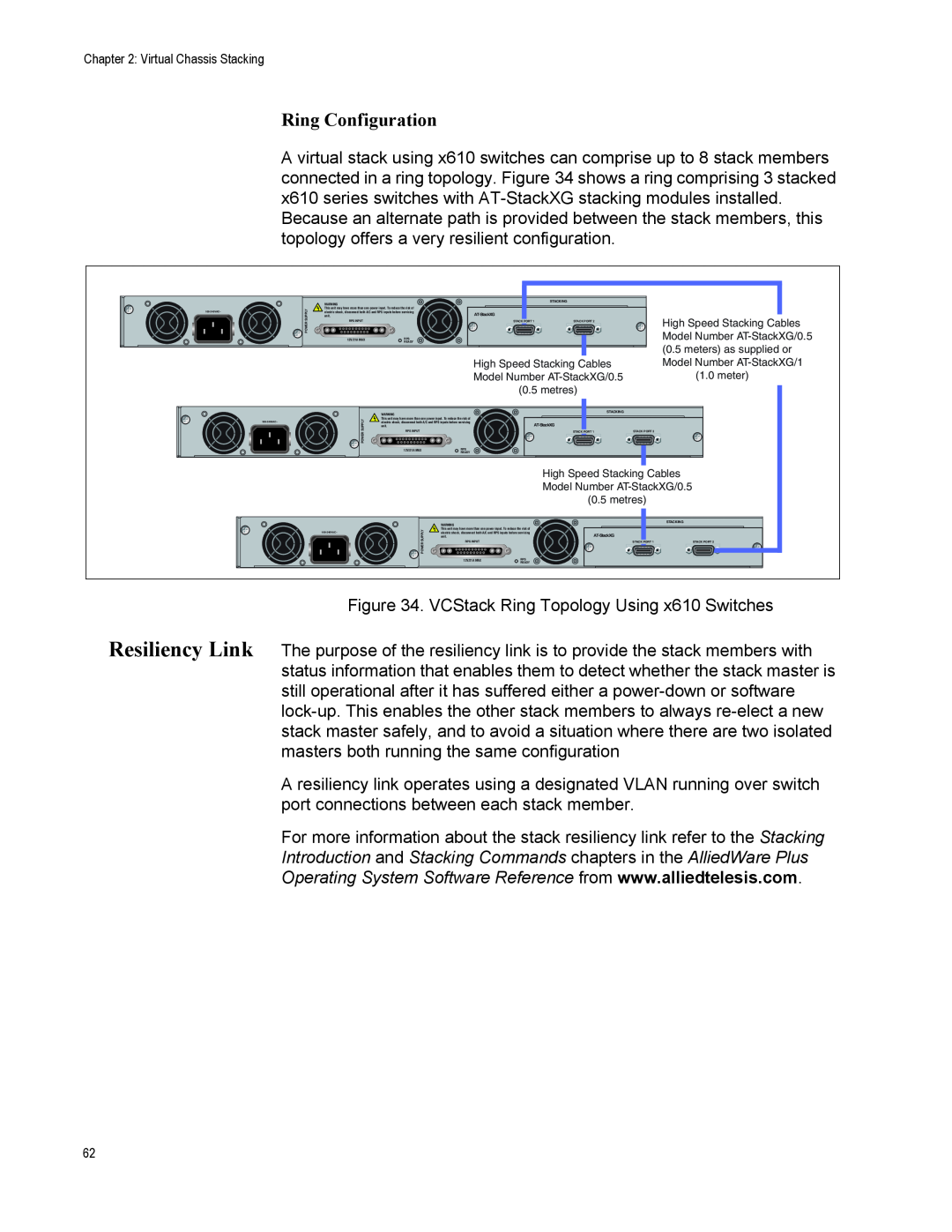 Allied Telesis X610-48TS/X-POE+ Ring Configuration, Introduction and Stacking Commands chapters in the AlliedWare Plus 
