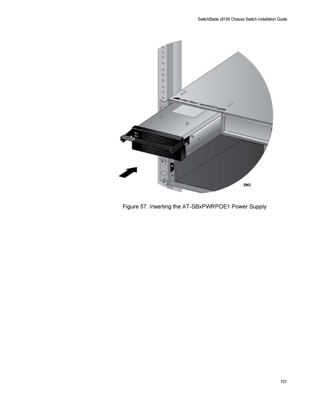 Allied Telesis X8106 manual Inserting the AT-SBxPWRPOE1 Power Supply 