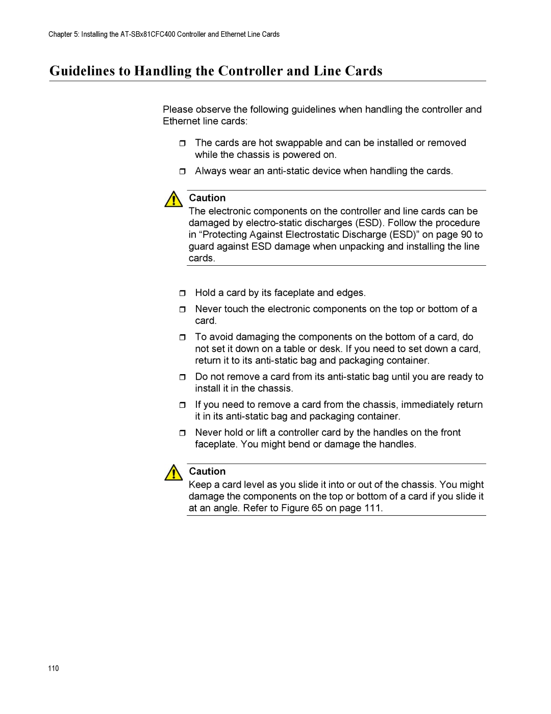 Allied Telesis X8106 manual Guidelines to Handling the Controller and Line Cards 