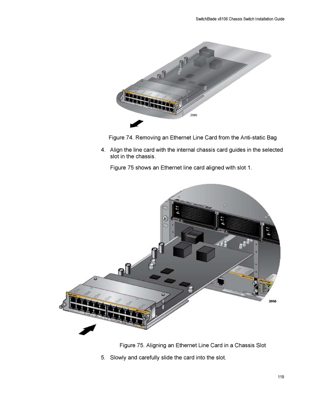 Allied Telesis X8106 manual Shows an Ethernet line card aligned with slot 