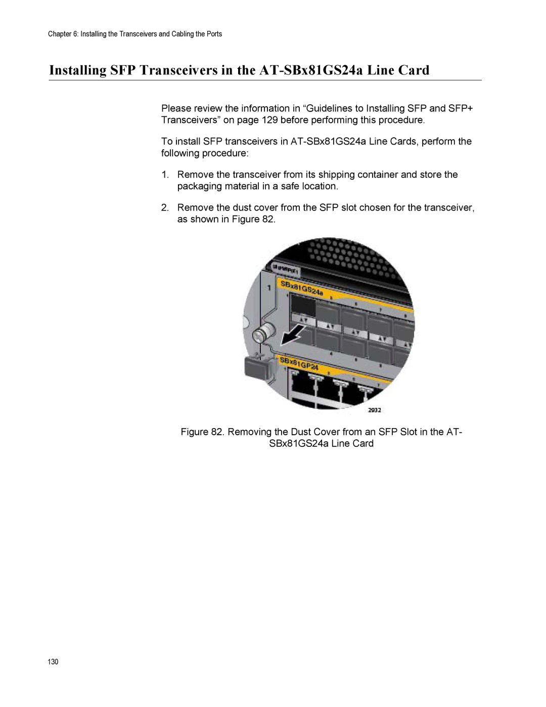 Allied Telesis X8106 manual Installing SFP Transceivers in the AT-SBx81GS24a Line Card 