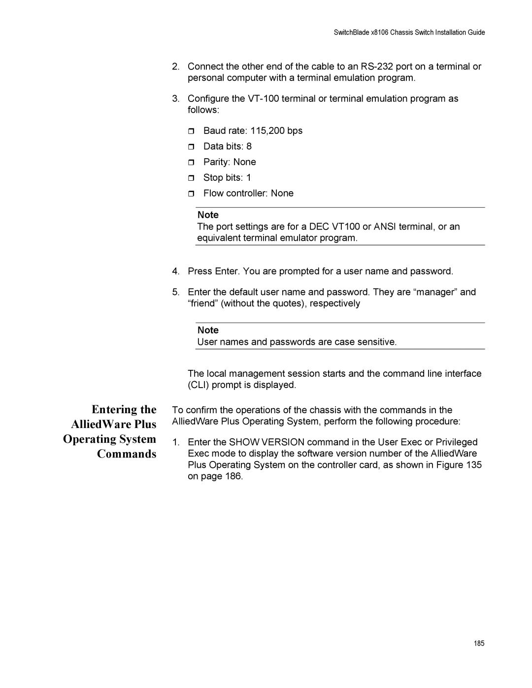 Allied Telesis X8106 manual Entering AlliedWare Plus Operating System Commands 