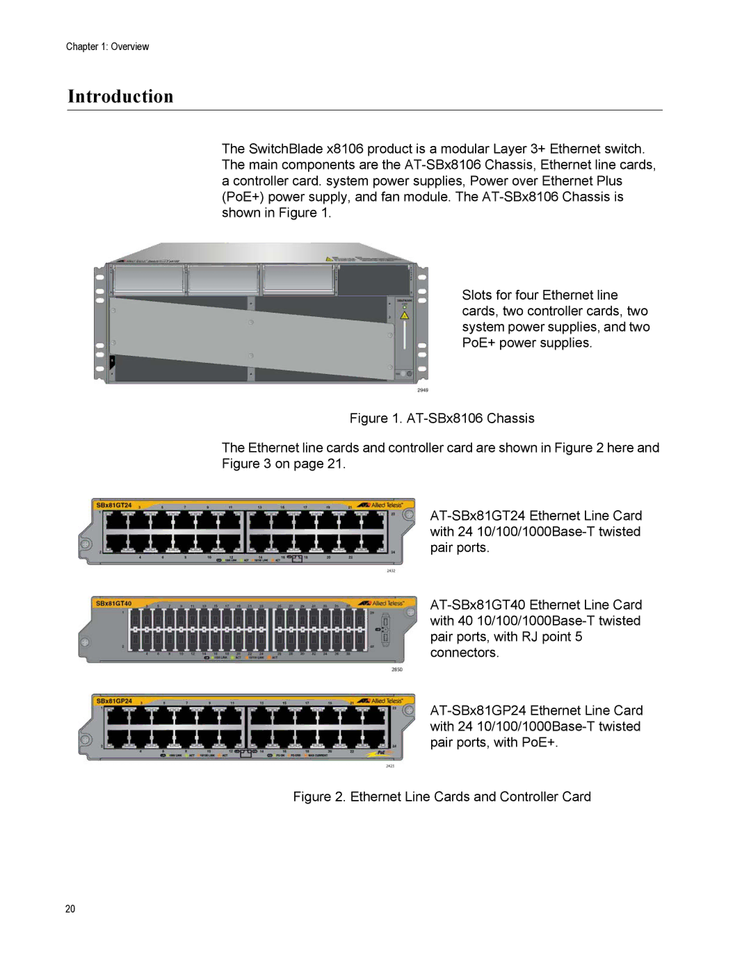 Allied Telesis X8106 manual Introduction, Ethernet Line Cards and Controller Card 