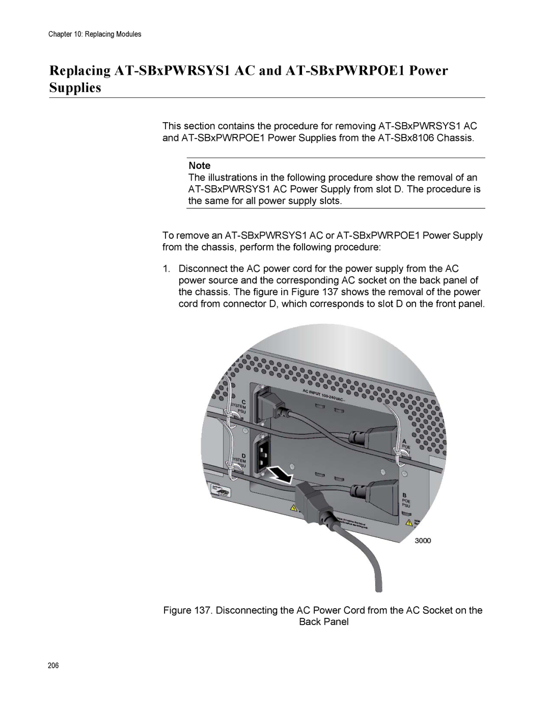 Allied Telesis X8106 manual Replacing AT-SBxPWRSYS1 AC and AT-SBxPWRPOE1 Power Supplies 