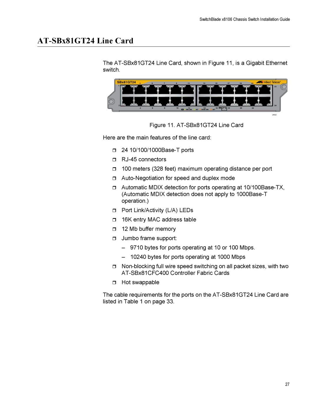 Allied Telesis X8106 manual AT-SBx81GT24 Line Card 