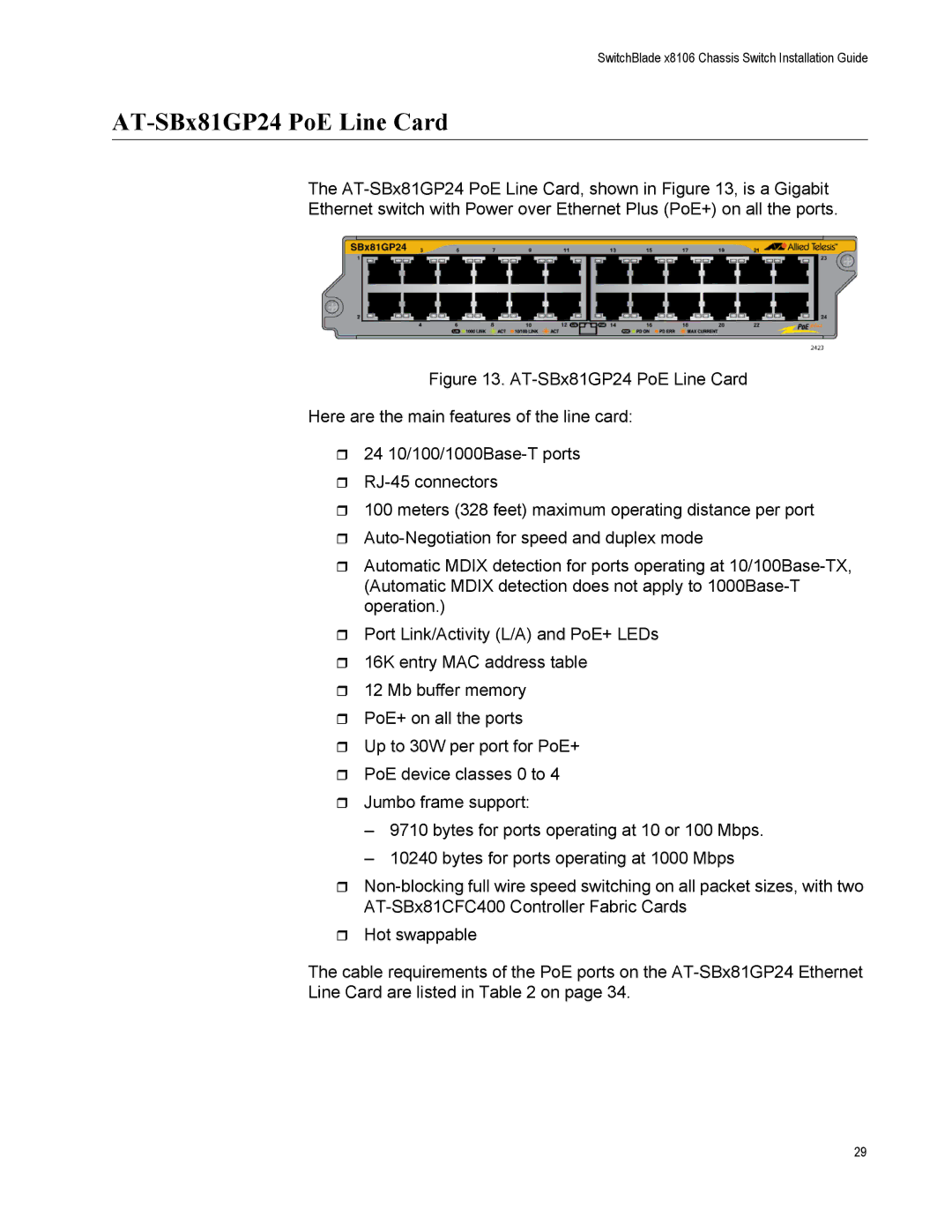 Allied Telesis X8106 manual AT-SBx81GP24 PoE Line Card 