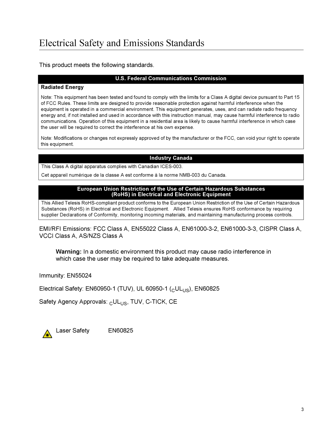 Allied Telesis X8106 manual Electrical Safety and Emissions Standards 