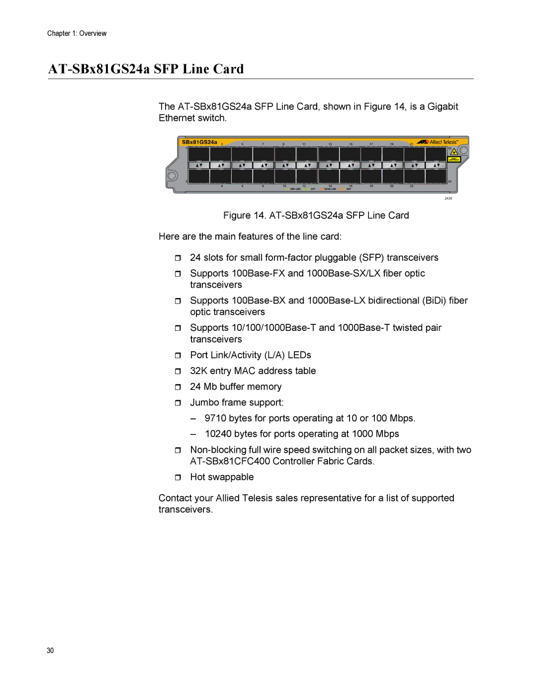 Allied Telesis X8106 manual AT-SBx81GS24a SFP Line Card 