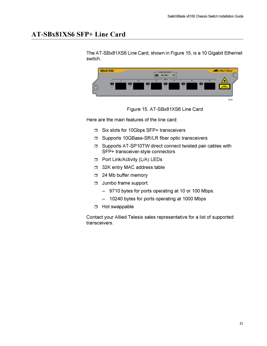 Allied Telesis X8106 manual AT-SBx81XS6 SFP+ Line Card 