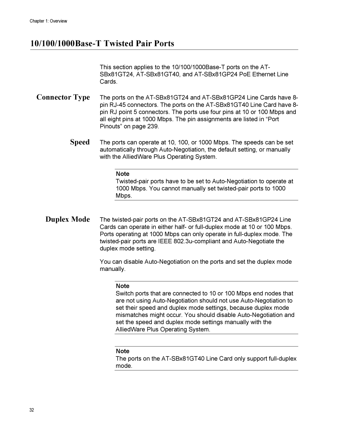 Allied Telesis X8106 manual 10/100/1000Base-T Twisted Pair Ports, Connector Type Speed Duplex Mode 