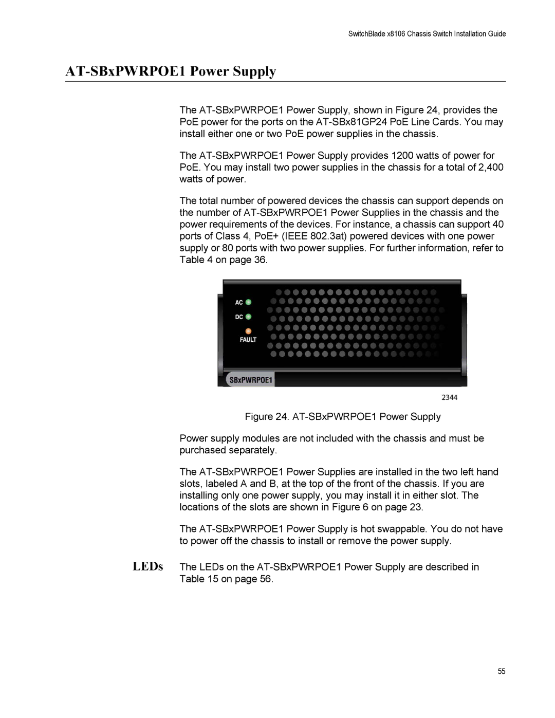 Allied Telesis X8106 manual AT-SBxPWRPOE1 Power Supply 