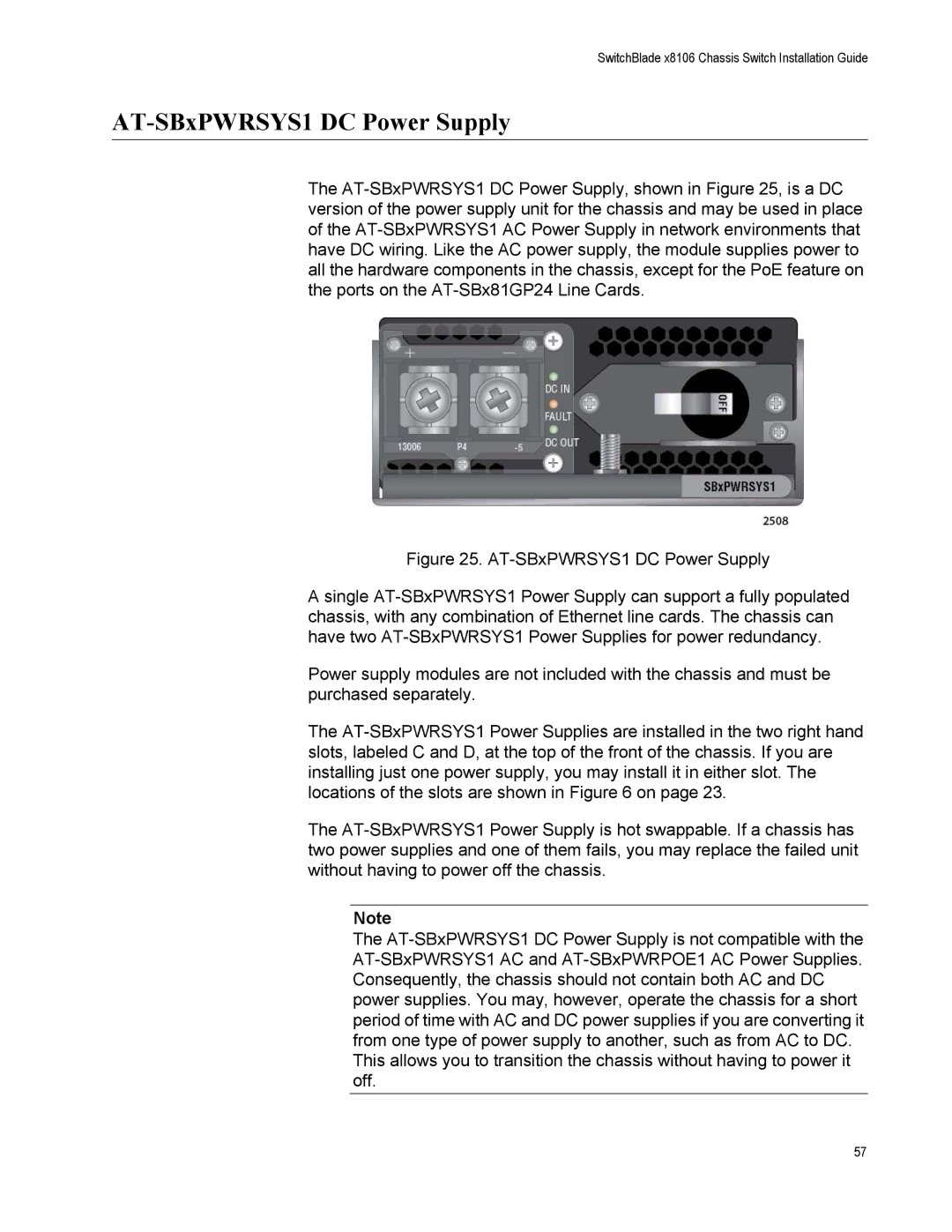 Allied Telesis X8106 manual AT-SBxPWRSYS1 DC Power Supply 