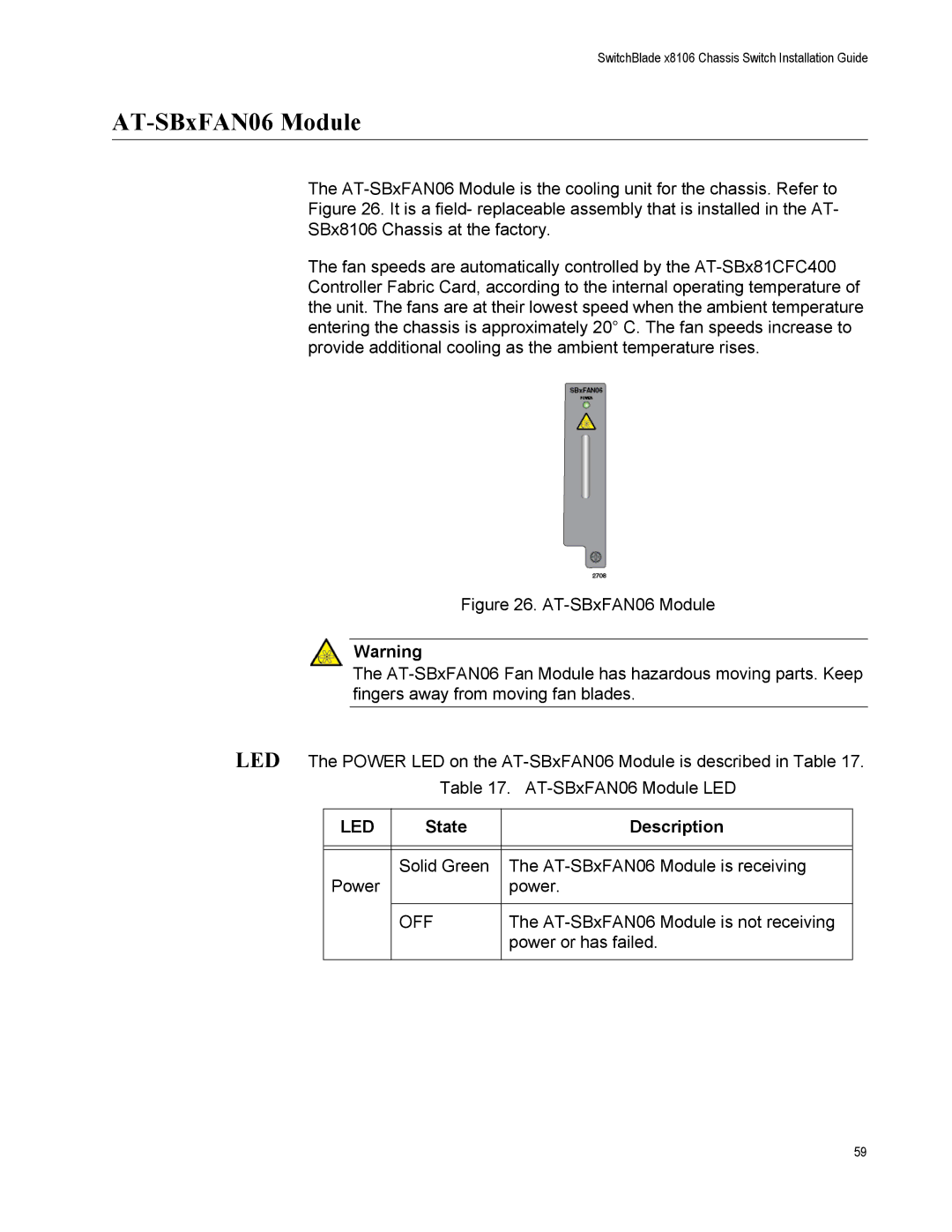 Allied Telesis X8106 manual AT-SBxFAN06 Module 