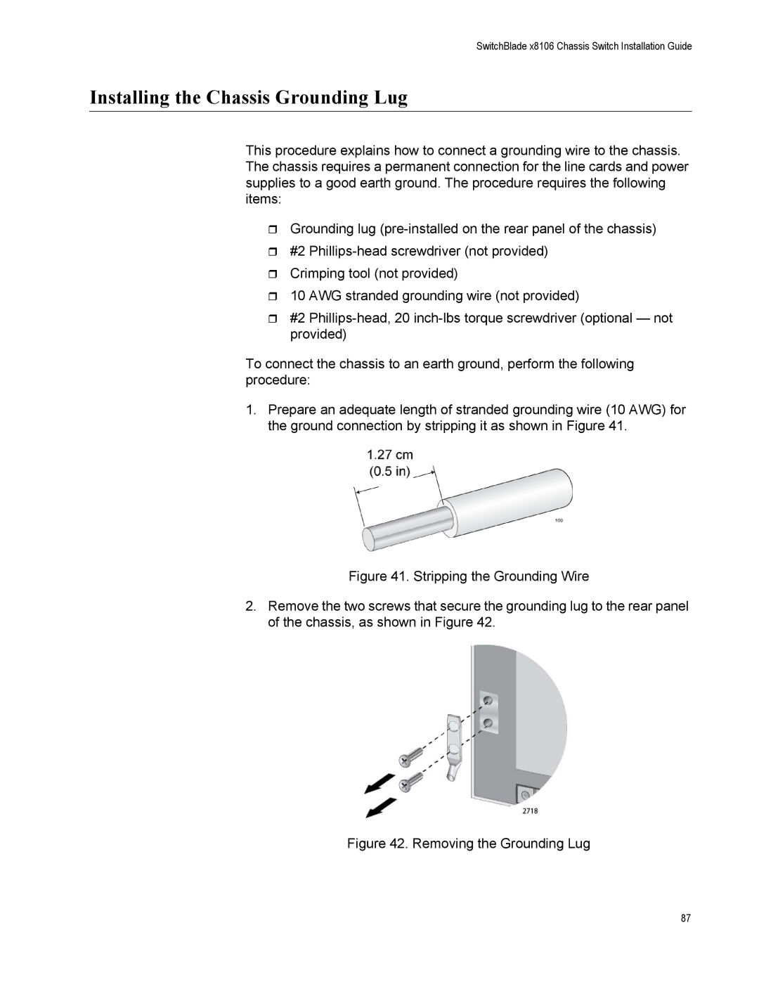 Allied Telesis X8106 manual Installing the Chassis Grounding Lug, Removing the Grounding Lug 