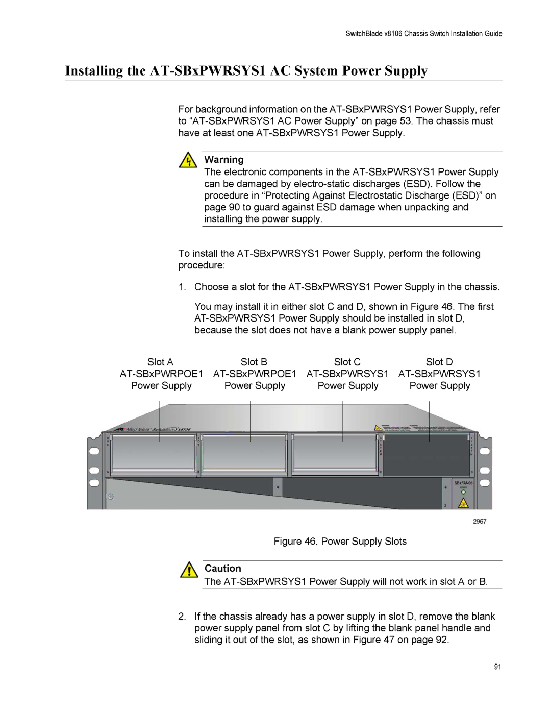 Allied Telesis X8106 manual Installing the AT-SBxPWRSYS1 AC System Power Supply 