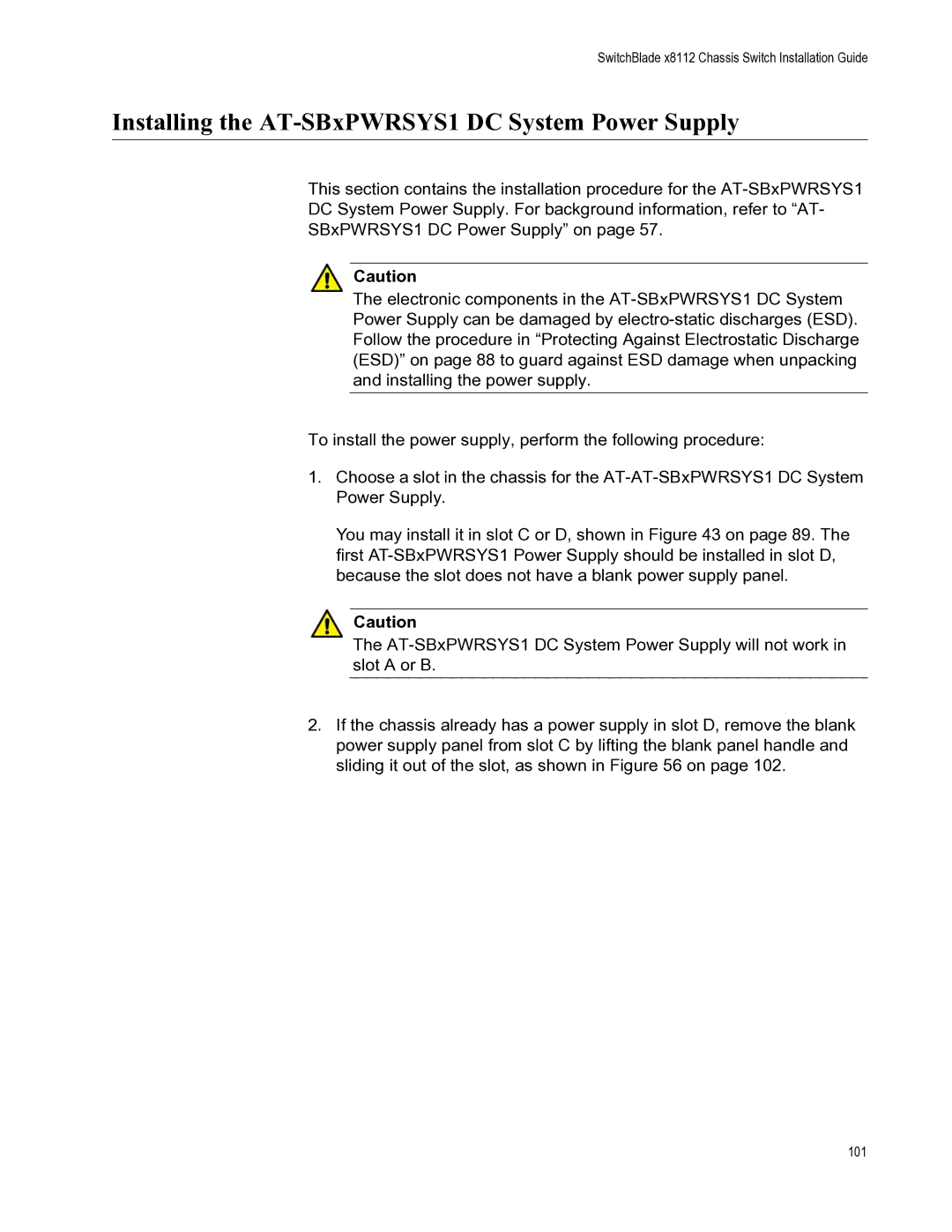 Allied Telesis X8112 manual Installing the AT-SBxPWRSYS1 DC System Power Supply 