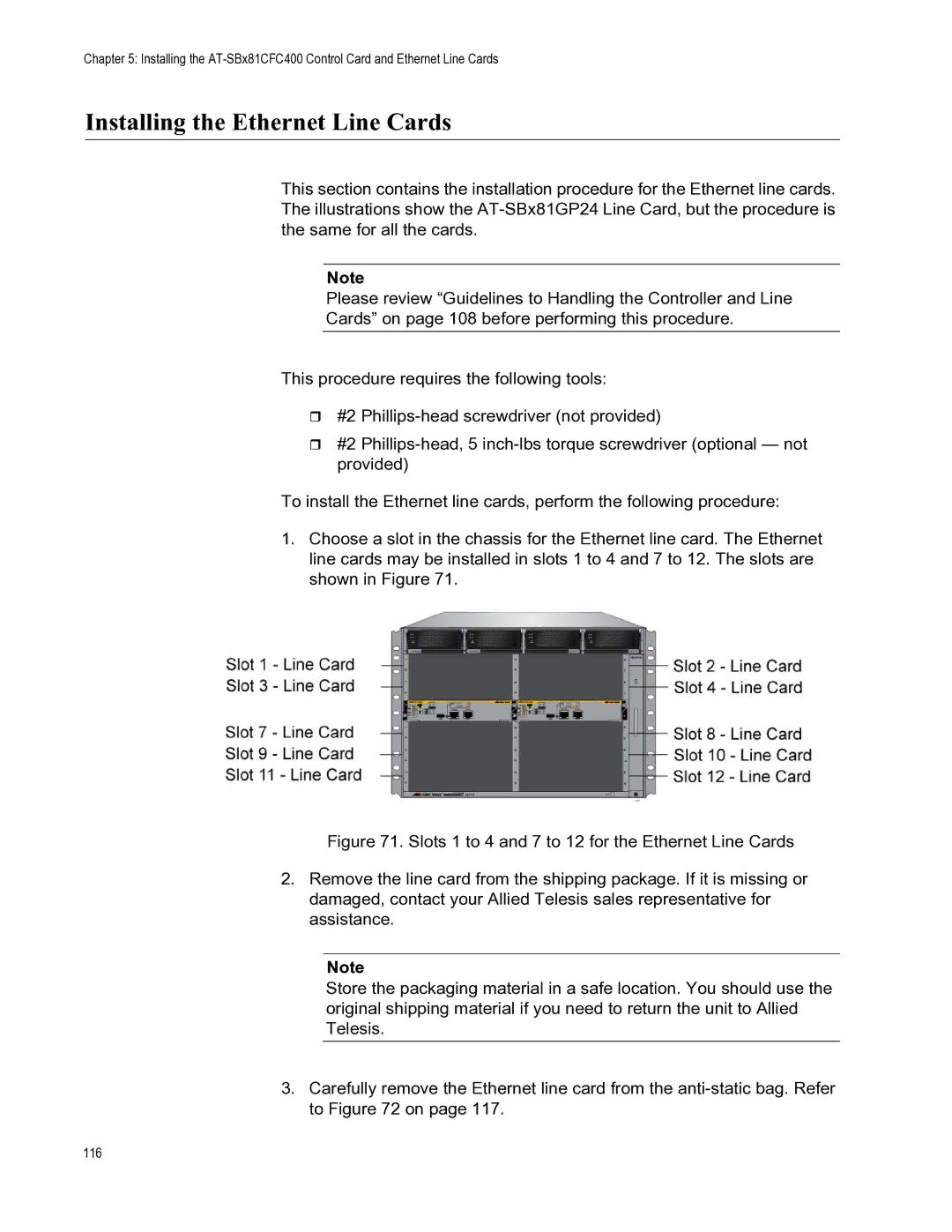 Allied Telesis X8112 manual Installing the Ethernet Line Cards 