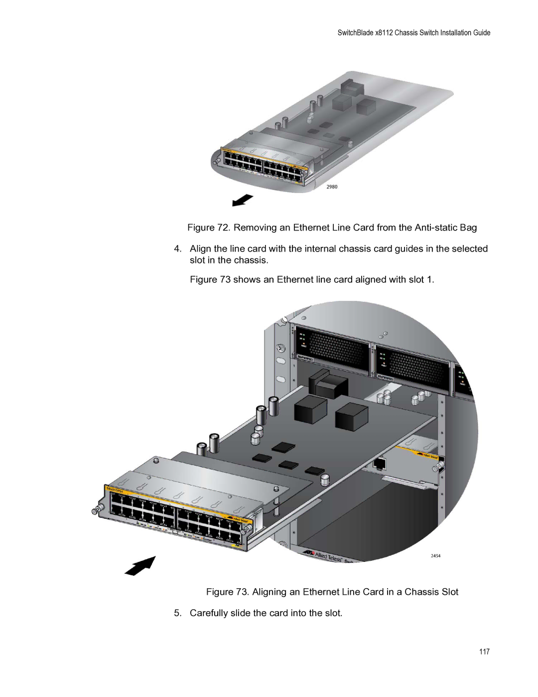 Allied Telesis X8112 manual Shows an Ethernet line card aligned with slot 