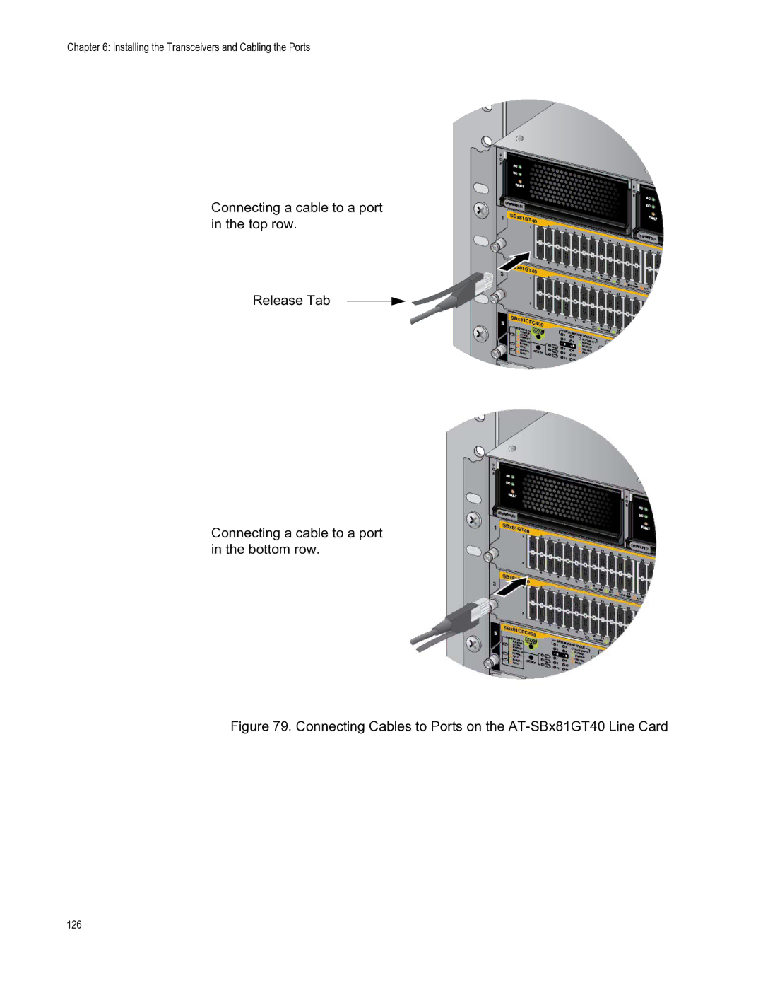 Allied Telesis X8112 manual Connecting Cables to Ports on the AT-SBx81GT40 Line Card 