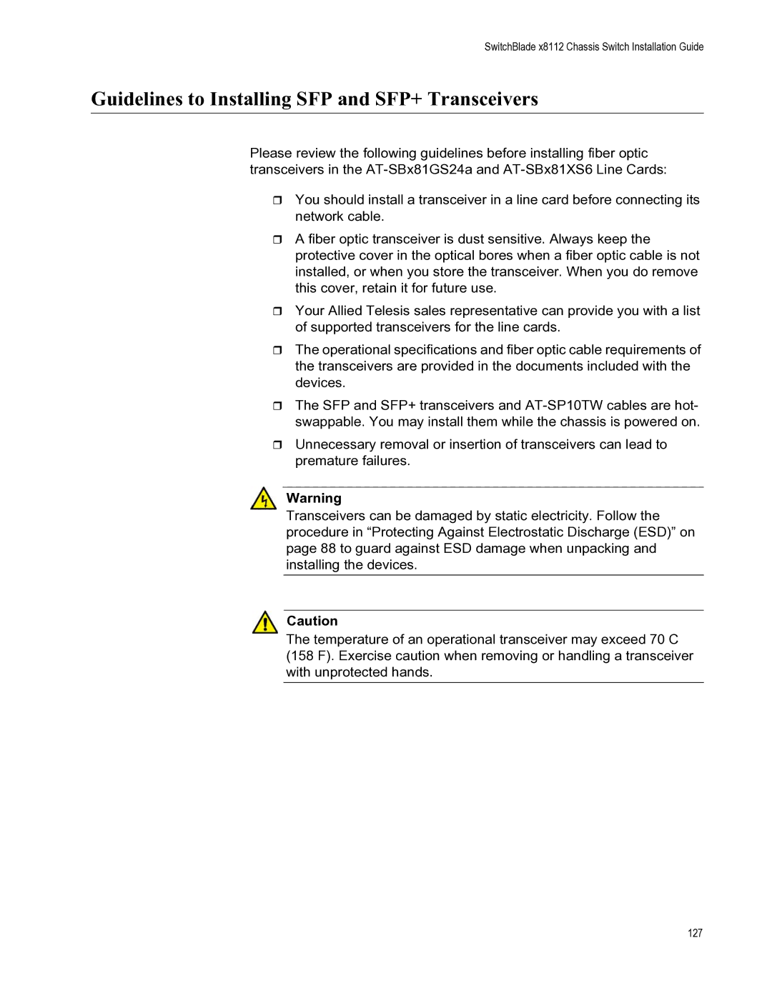 Allied Telesis X8112 manual Guidelines to Installing SFP and SFP+ Transceivers 