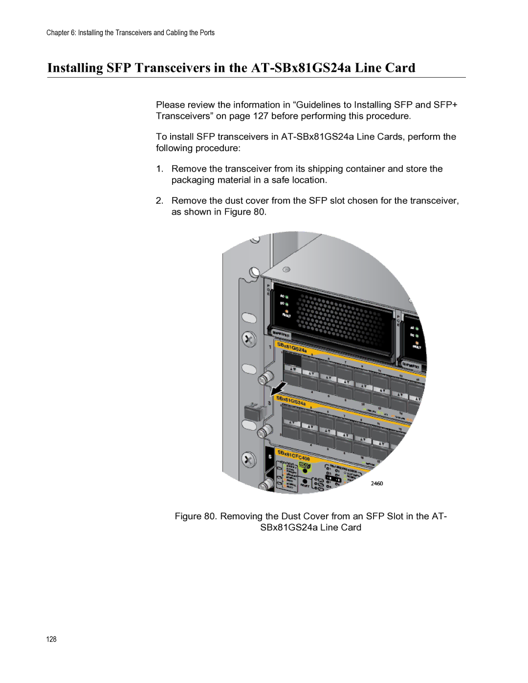 Allied Telesis X8112 manual Installing SFP Transceivers in the AT-SBx81GS24a Line Card 