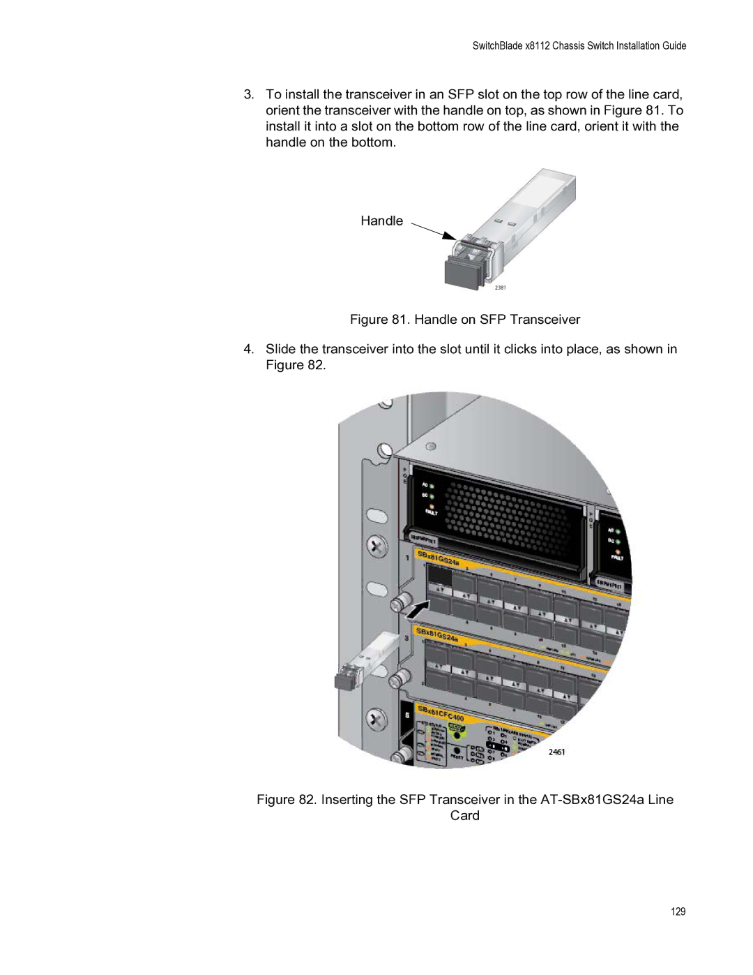 Allied Telesis X8112 manual Inserting the SFP Transceiver in the AT-SBx81GS24a Line Card 