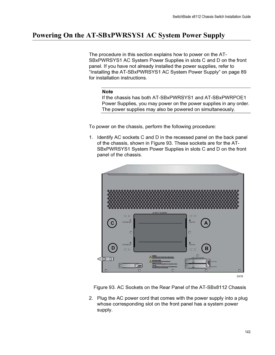 Allied Telesis X8112 manual Powering On the AT-SBxPWRSYS1 AC System Power Supply 