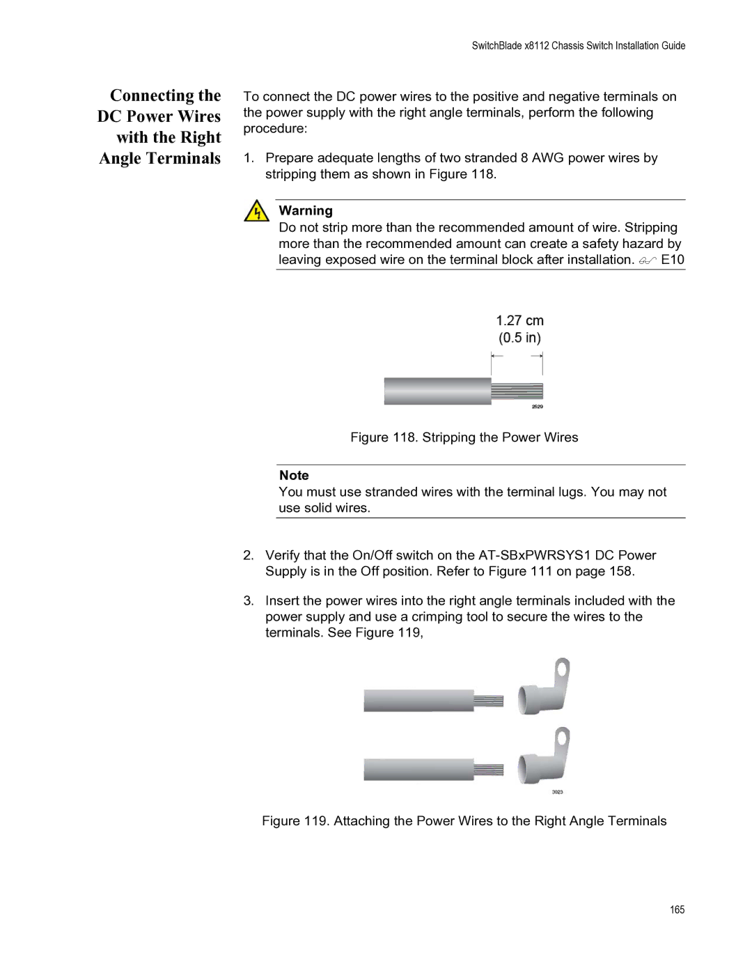 Allied Telesis X8112 manual Connecting DC Power Wires With the Right Angle Terminals 