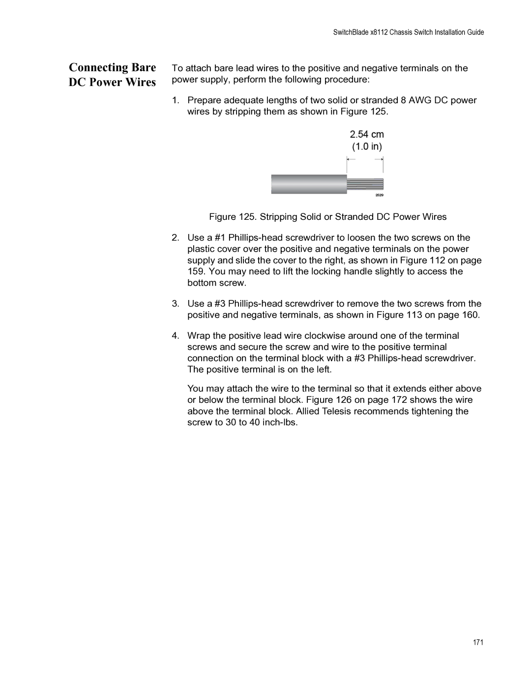 Allied Telesis X8112 manual Connecting Bare DC Power Wires 