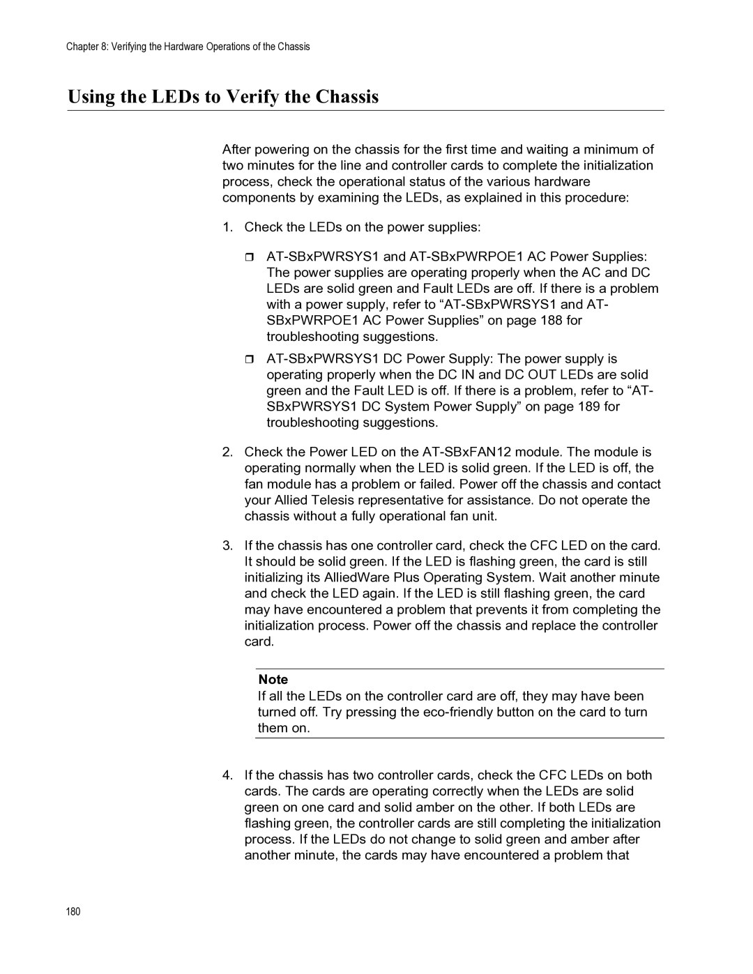 Allied Telesis X8112 manual Using the LEDs to Verify the Chassis 