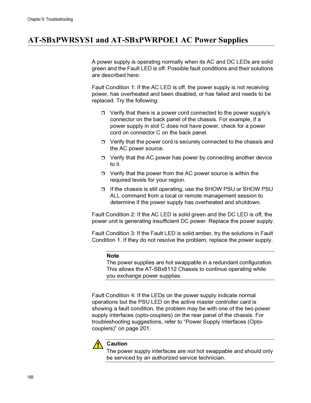 Allied Telesis X8112 manual AT-SBxPWRSYS1 and AT-SBxPWRPOE1 AC Power Supplies 