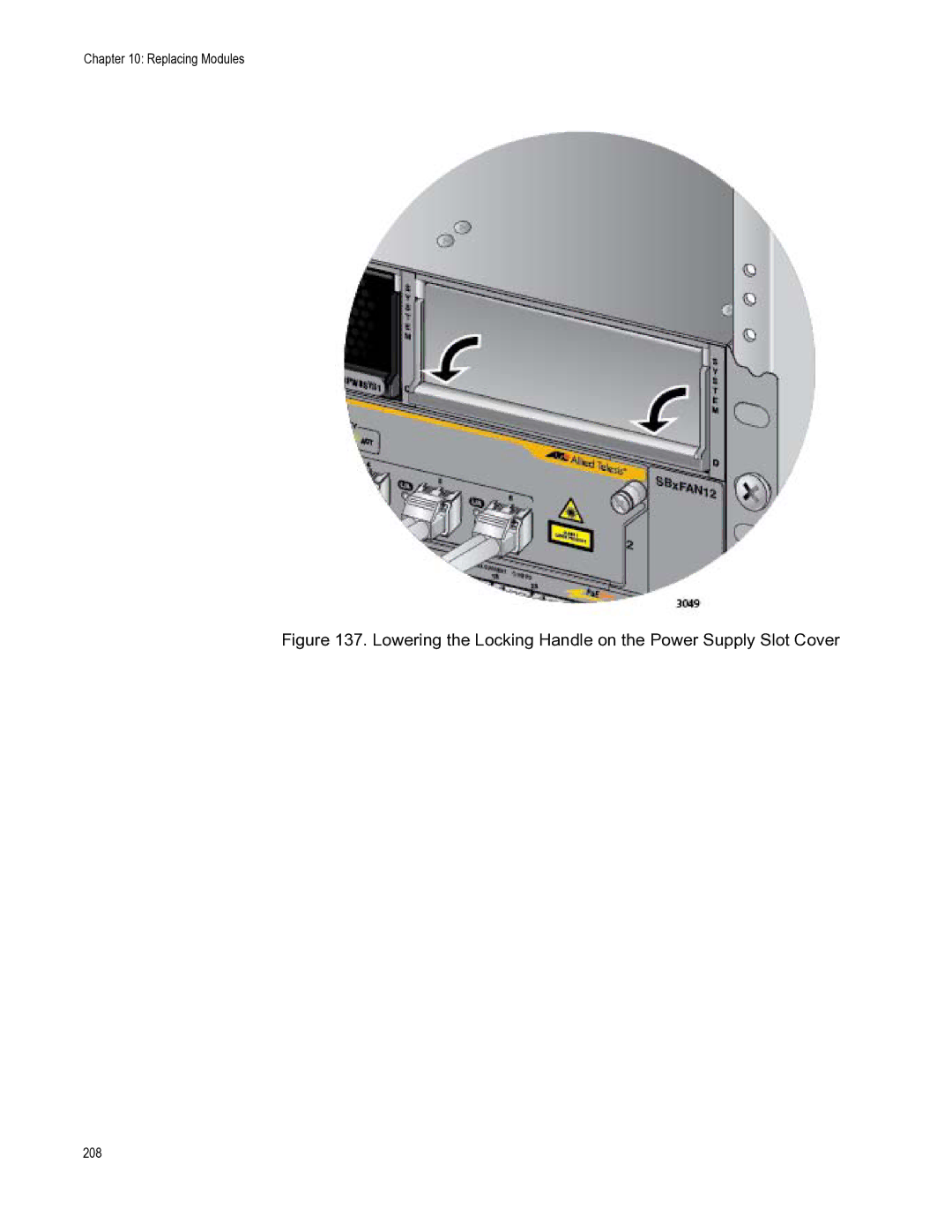 Allied Telesis X8112 manual Lowering the Locking Handle on the Power Supply Slot Cover 