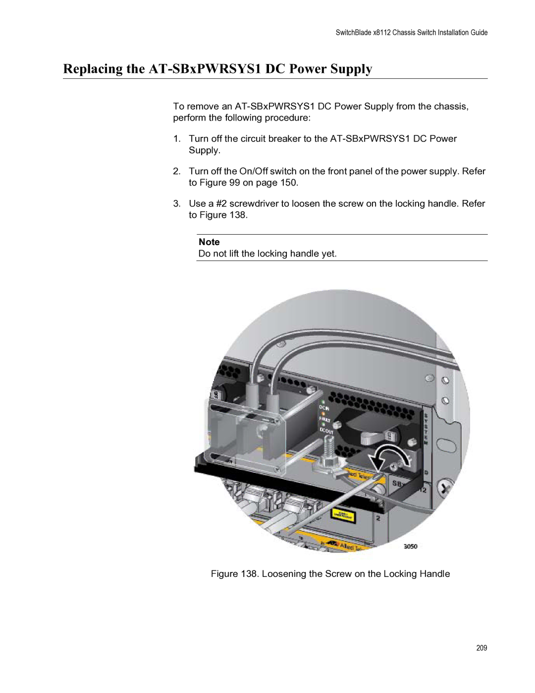 Allied Telesis X8112 manual Replacing the AT-SBxPWRSYS1 DC Power Supply, Loosening the Screw on the Locking Handle 