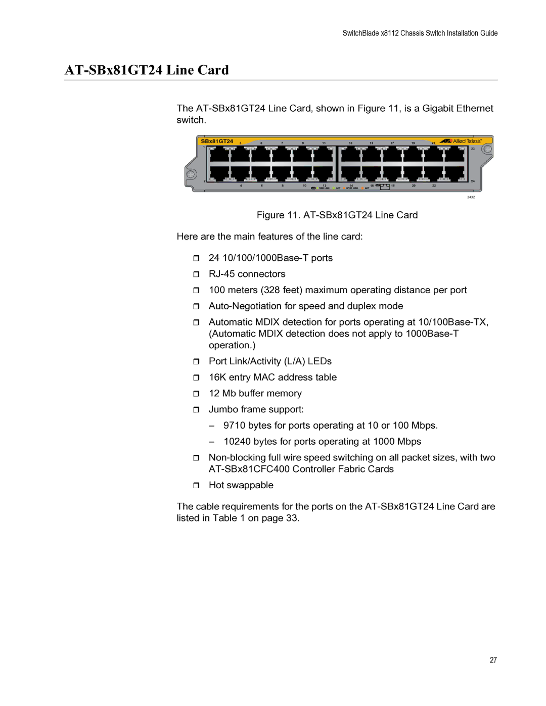 Allied Telesis X8112 manual AT-SBx81GT24 Line Card 