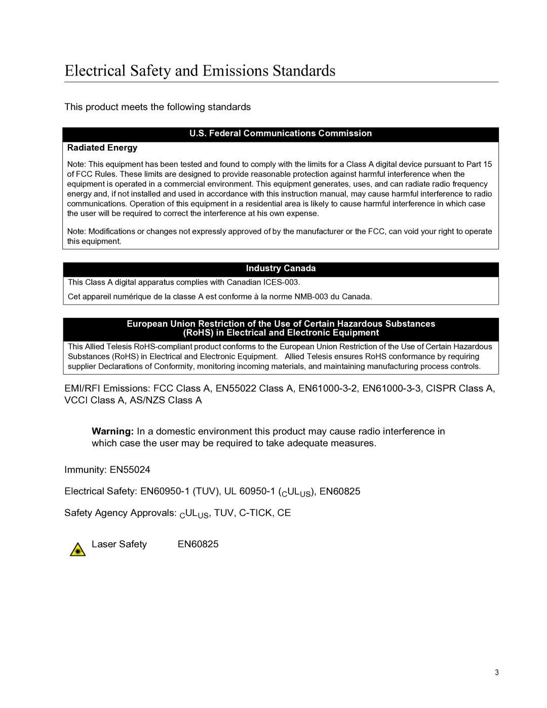 Allied Telesis X8112 manual Electrical Safety and Emissions Standards 