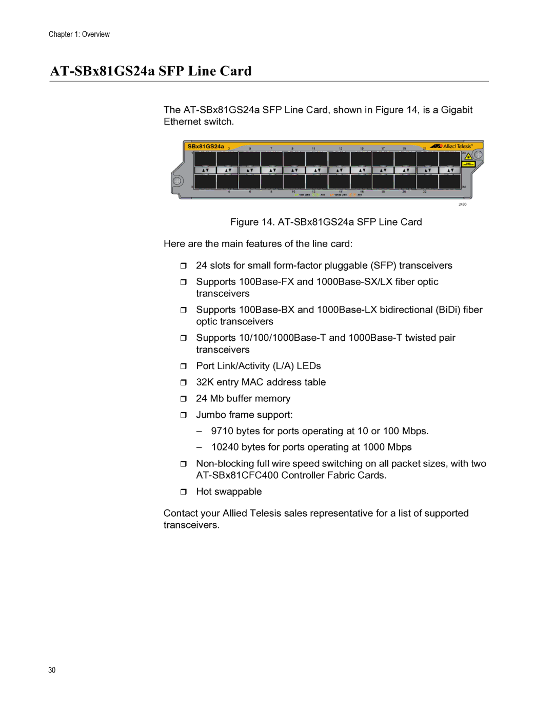 Allied Telesis X8112 manual AT-SBx81GS24a SFP Line Card 