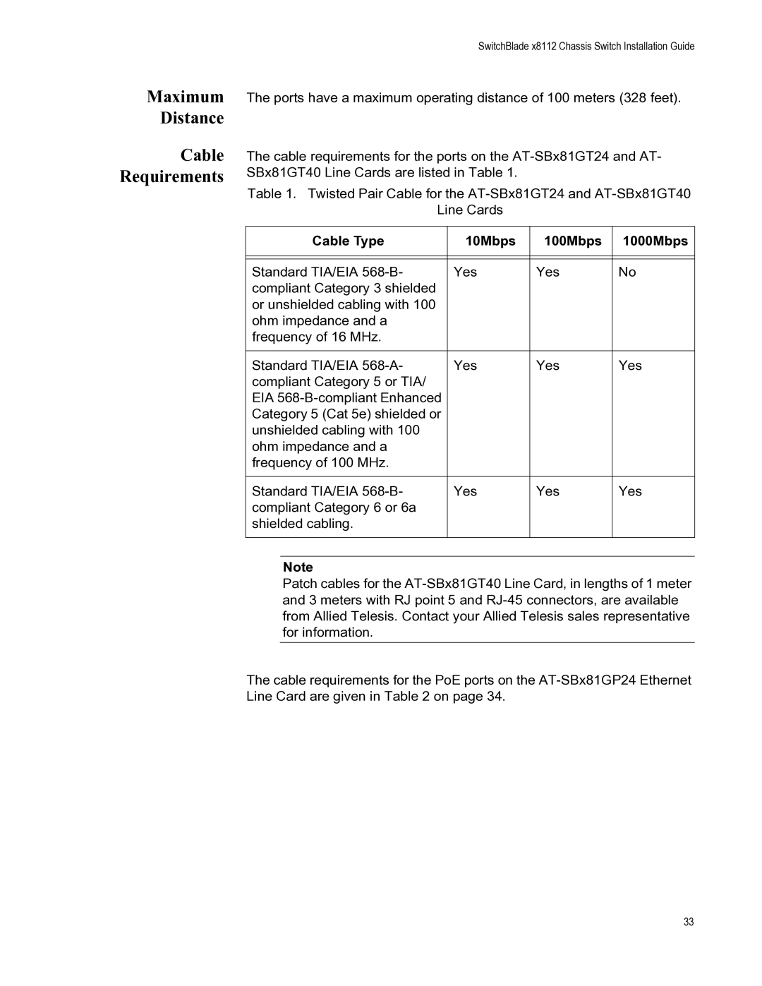 Allied Telesis X8112 manual Maximum Distance Cable Requirements 