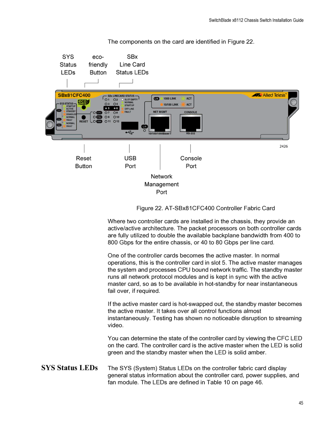 Allied Telesis X8112 manual Components on the card are identified in Figure 