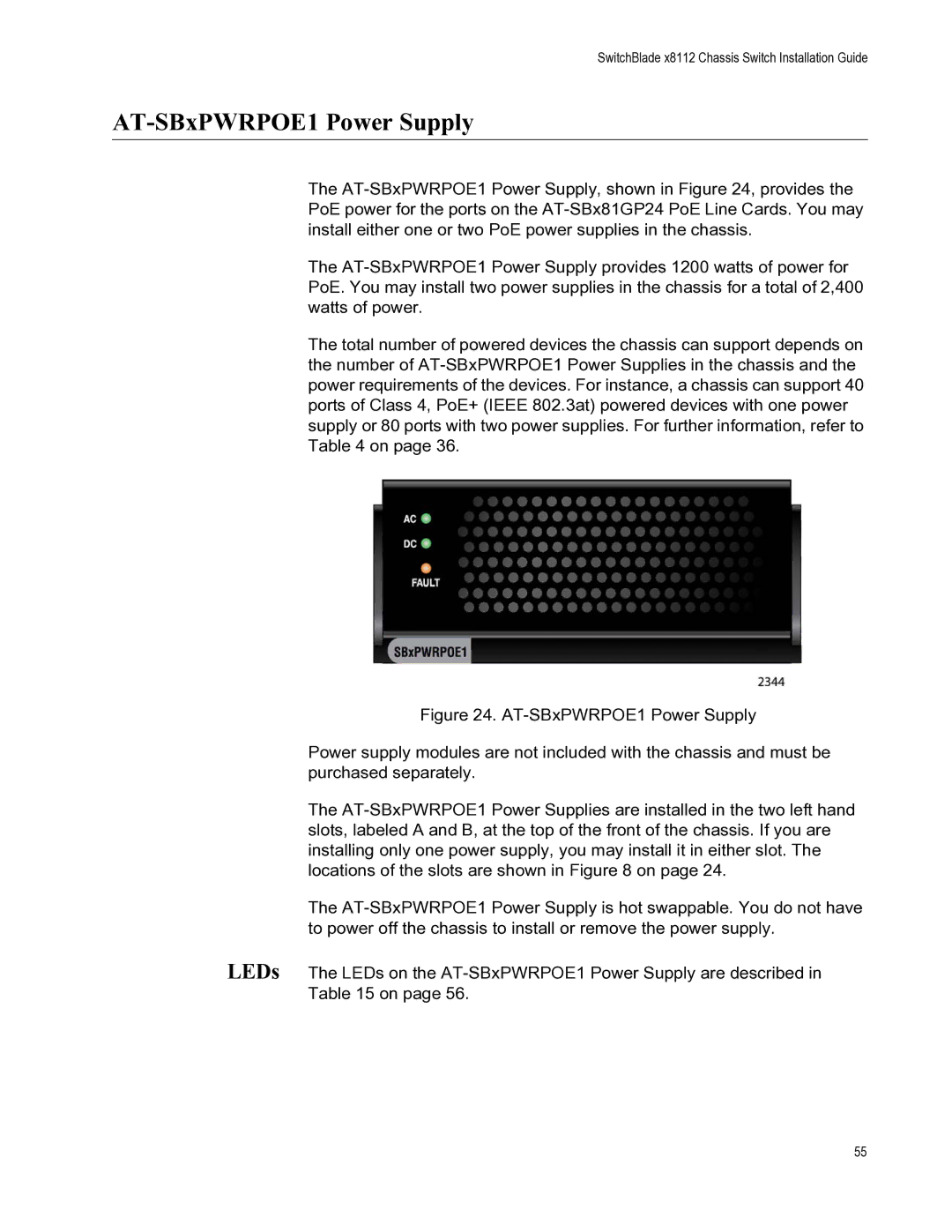 Allied Telesis X8112 manual AT-SBxPWRPOE1 Power Supply 