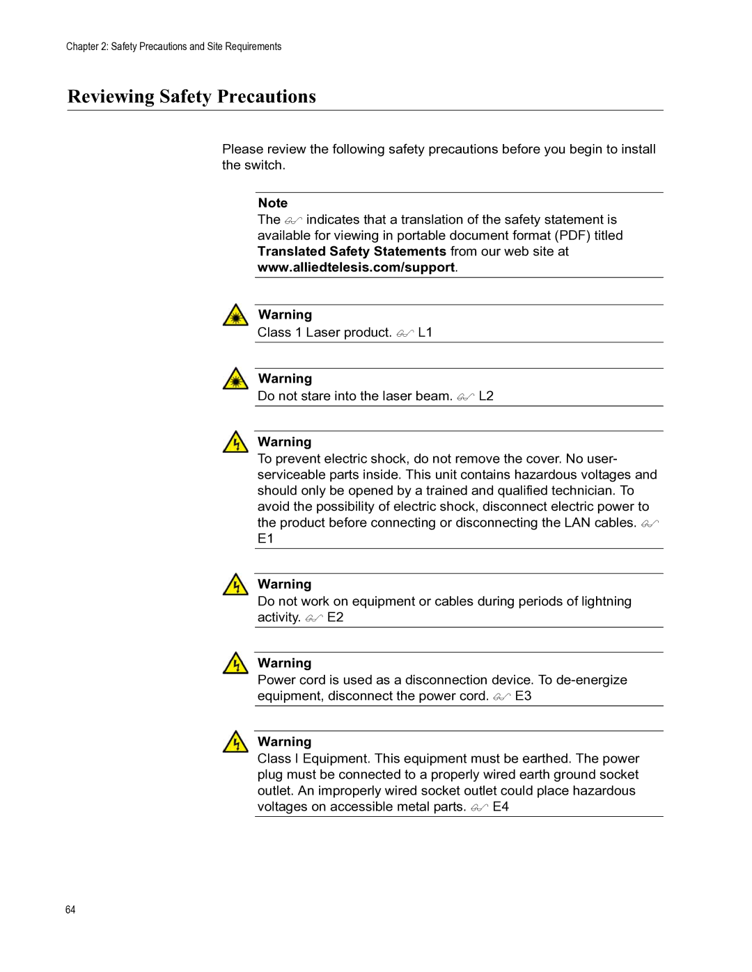 Allied Telesis X8112 manual Reviewing Safety Precautions 