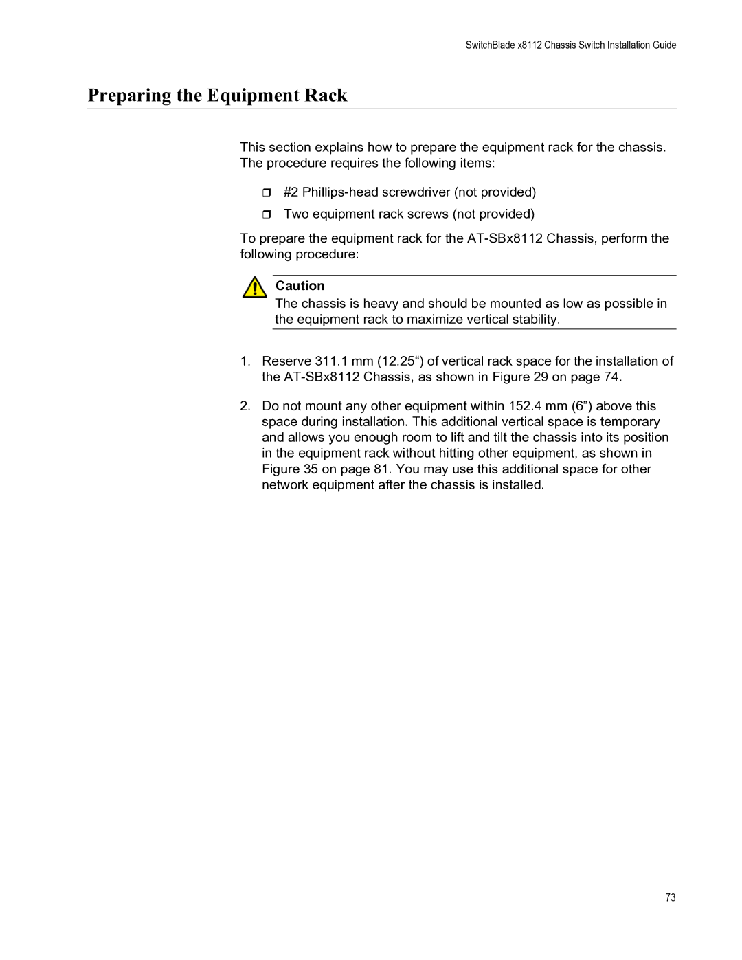 Allied Telesis X8112 manual Preparing the Equipment Rack 