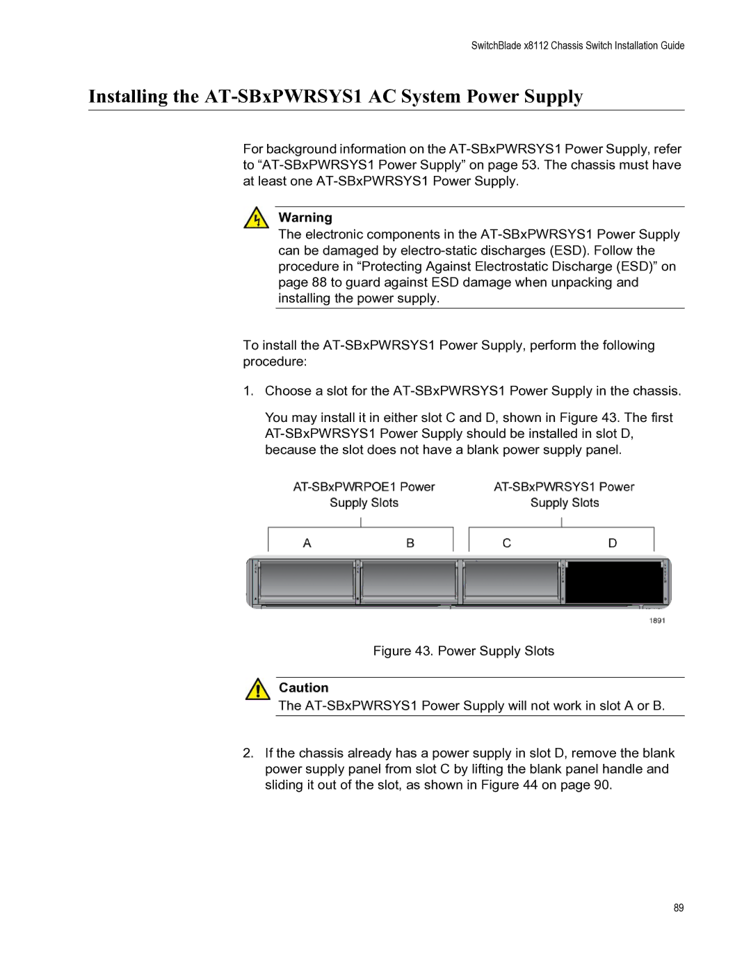 Allied Telesis X8112 manual Installing the AT-SBxPWRSYS1 AC System Power Supply 