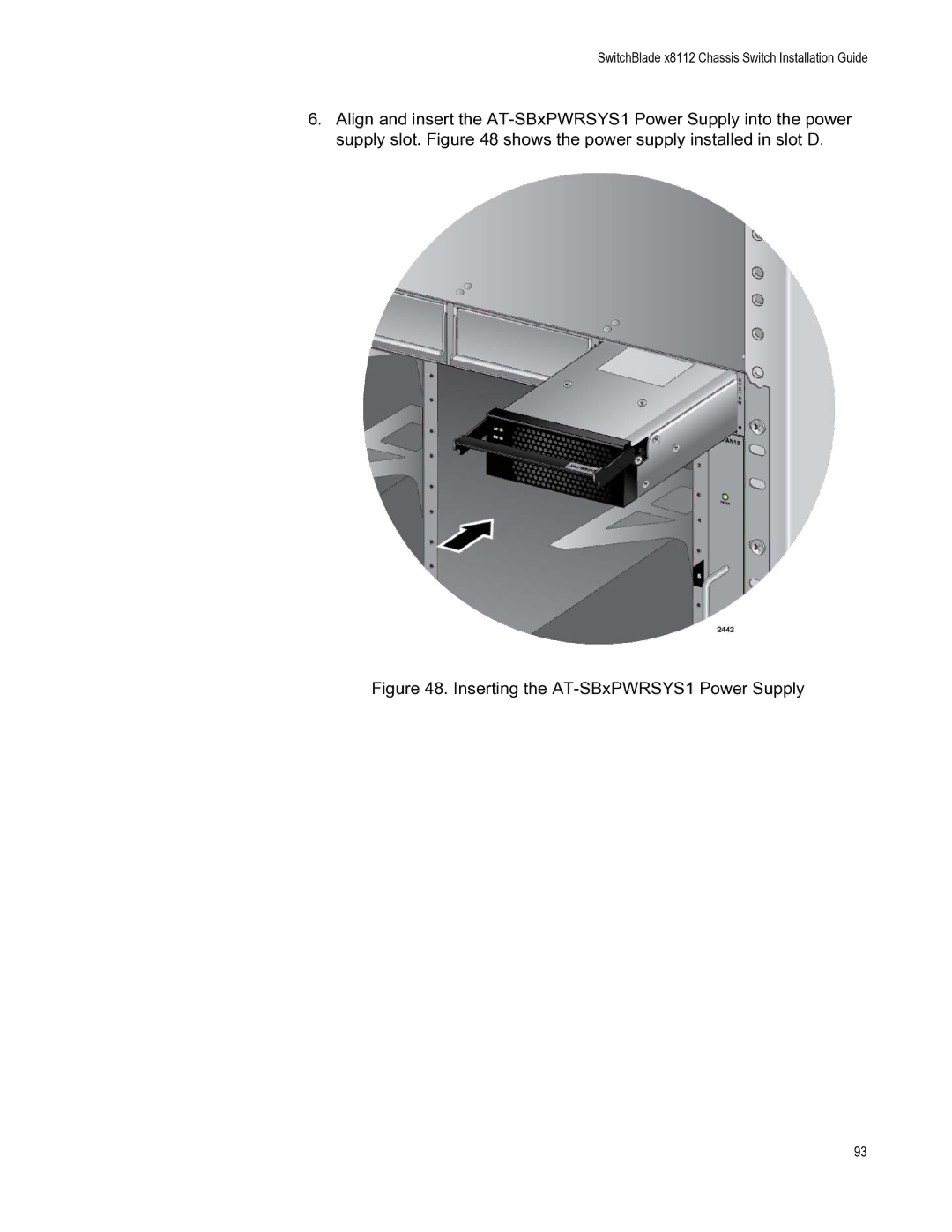 Allied Telesis X8112 manual Inserting the AT-SBxPWRSYS1 Power Supply 