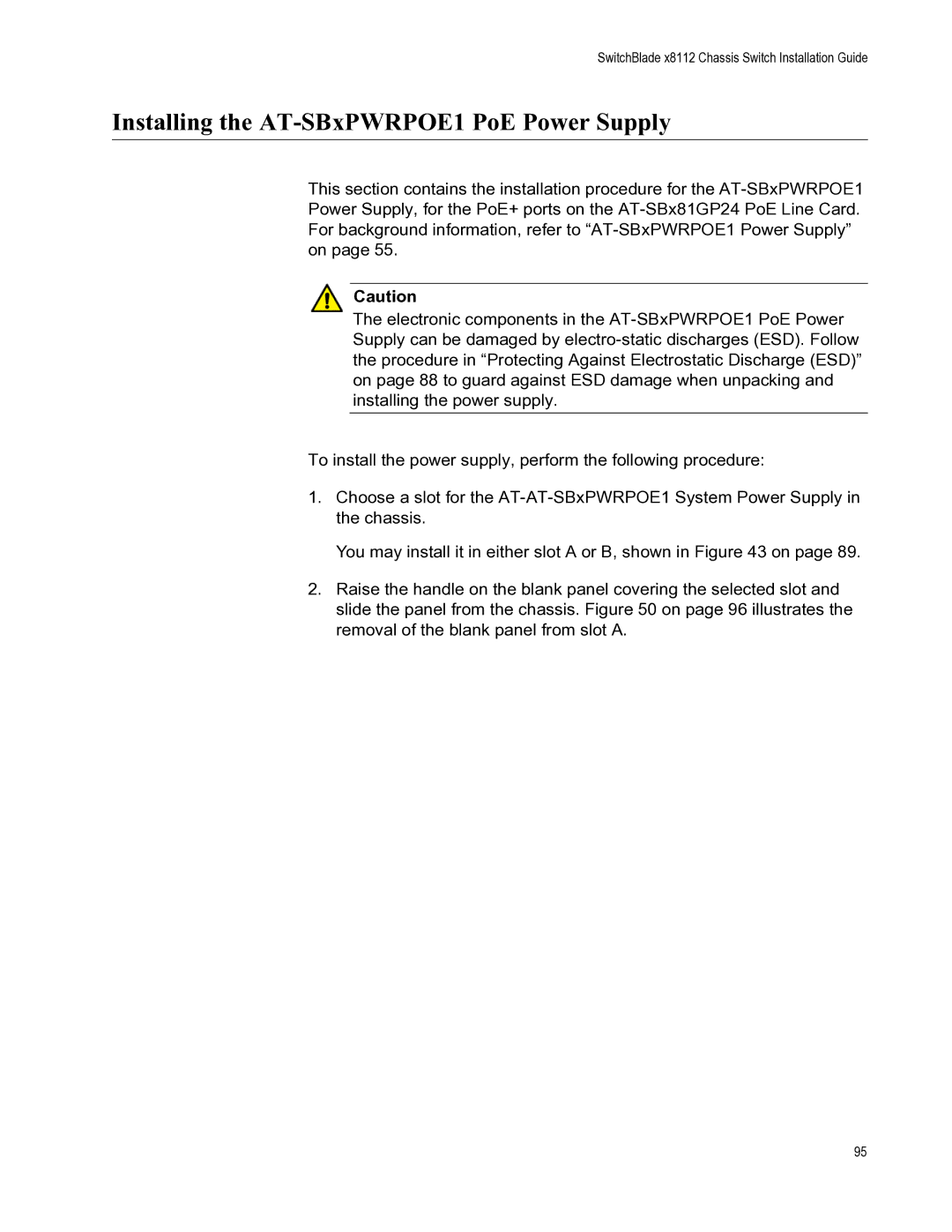 Allied Telesis X8112 manual Installing the AT-SBxPWRPOE1 PoE Power Supply 