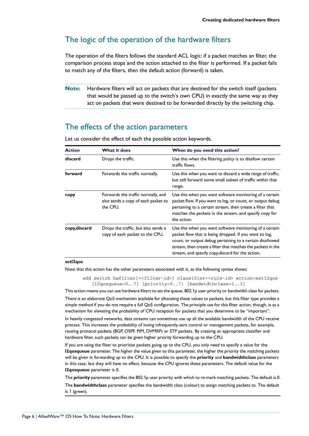 Allied Telesis x900-24 series manual Logic of the operation of the hardware filters, Effects of the action parameters 