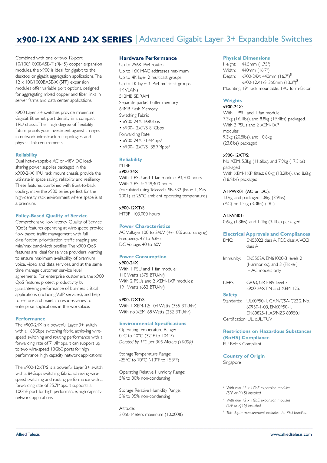 Allied Telesis x900-24x, x900-12x manual Hardware Performance 
