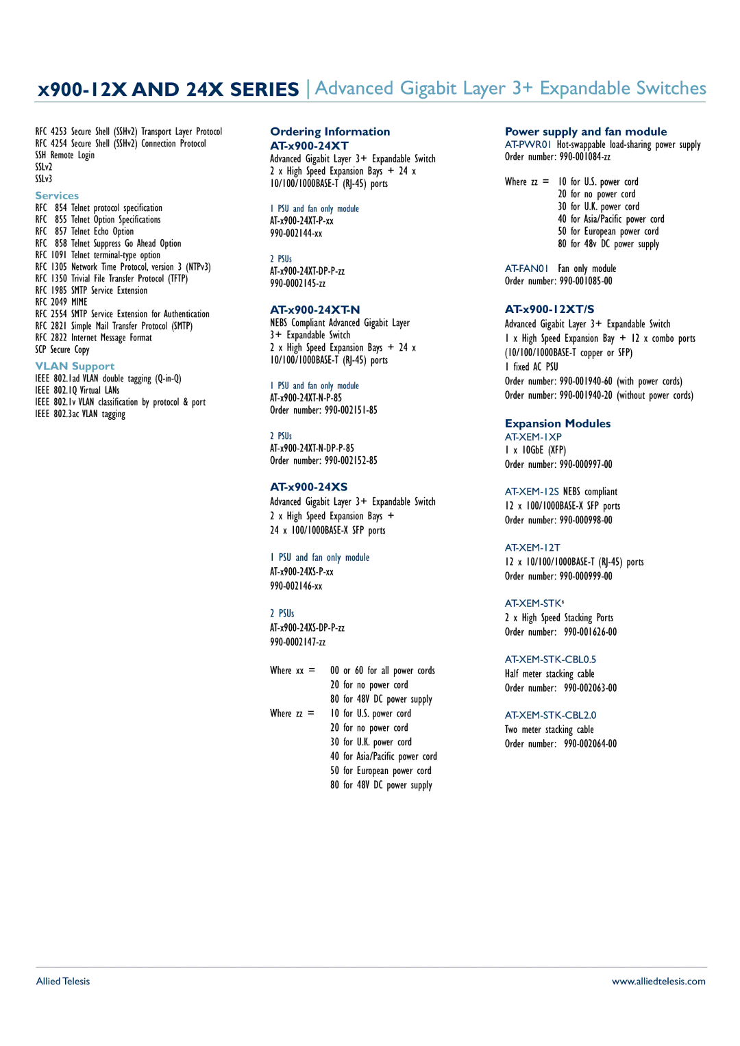 Allied Telesis x900-24x manual Ordering Information AT-x900-24XT, AT-x900-24XT-N, AT-x900-24XS, Power supply and fan module 